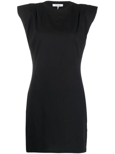 Frame Padded Shoulder Sleeveless Cotton Knit Dress In Black