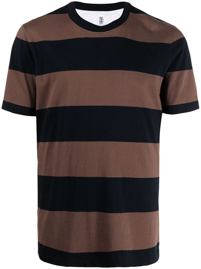 Brunello Cucinelli Men's Bicolor Striped Basic-fit T-shirt In Brown