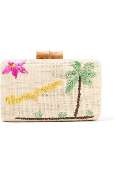 Kayu Embroidered Woven Straw Clutch In Neutral