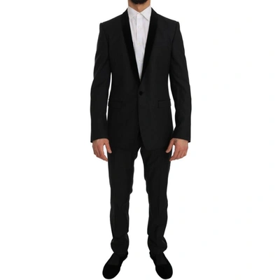 Dolce & Gabbana Gray Black Tuxedo Gold Slim Fit Smoking Suit