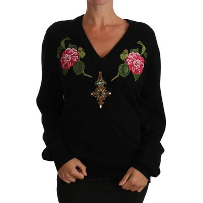 Dolce & Gabbana Black Rose Floral Crystal Cashmere Sweater