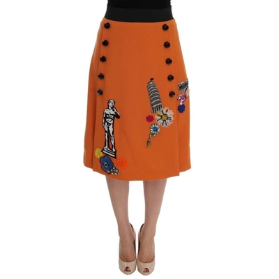 Dolce & Gabbana Orange Wool Crystal Sequin Appliques Skirt