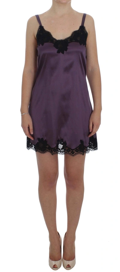 Dolce & Gabbana Purple Silk Black Lace Lingerie Dress