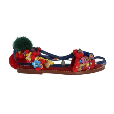 Dolce & Gabbana Pom Pom Leather Crystal Sandals In Multicolor