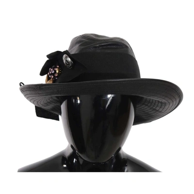 Dolce & Gabbana Black Leather Wide Brim Dg Coin Crystal Hat