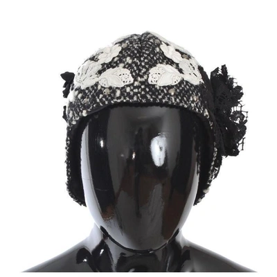 Dolce & Gabbana Gray Wool Floral Lace Studded Cloche Hat In Multicolor