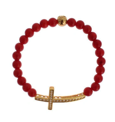 Nialaya Coral Gold Cz Cross 925 Silver Bracelet In Red