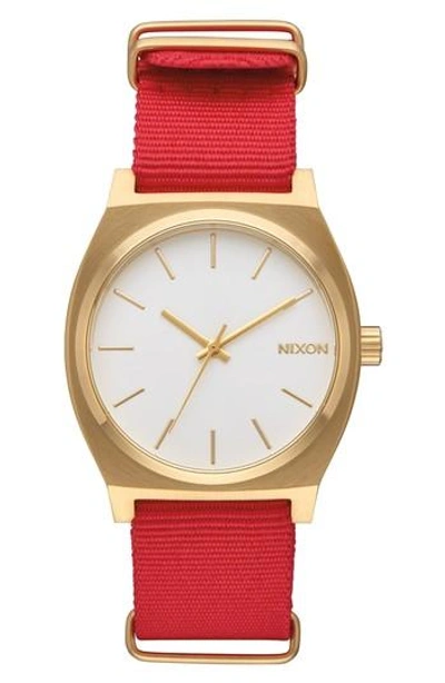 Nixon The Time Teller Nato Strap Watch, 37mm In Gold/ White/ Red