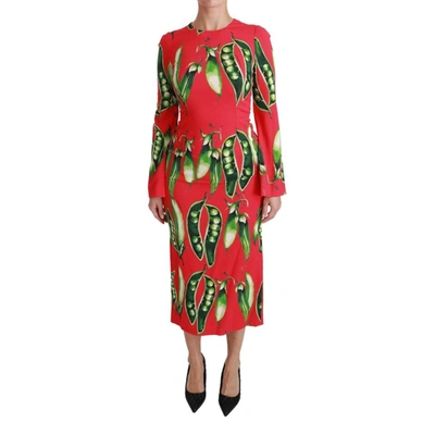 Dolce & Gabbana Red Snap Pea Print Longsleeve Midi Dress