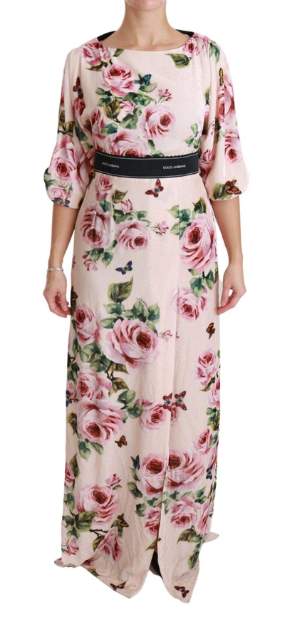 Dolce & Gabbana Pink Roses Butterfly Dg Logo Slit Dress