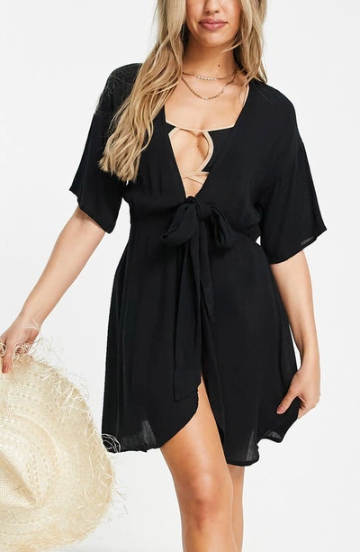 Asos Design Crinkle Tie Front Beach Cover Up In Black
