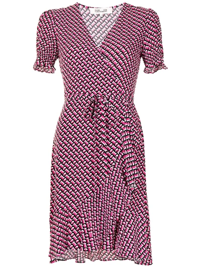 Diane Von Furstenberg Emilia 3d Chain Printed Short-sleeve Wrap Dress In Bright Pink