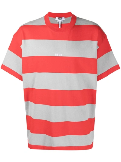 Msgm Red & Grey Striped Logo T-shirt