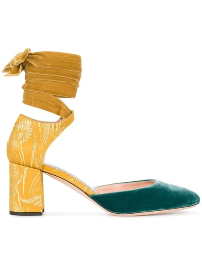 Rochas Yellow Blue Velvet Ankle Tie 70 Heels In Yellow Multi