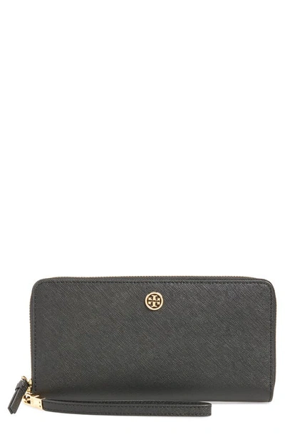 Tory Burch Robinson Leather Passport Continental Wallet In Black