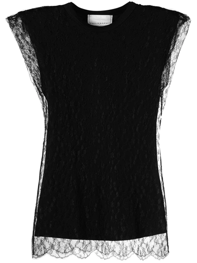 Philosophy Di Lorenzo Serafini Lace-overlay Structured-shoulder T-shirt In Black