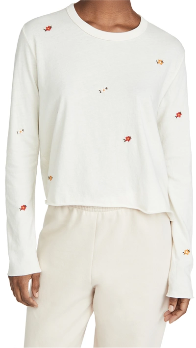 The Great The Embroidered Boxy Long Sleeve T-shirt In Washed White