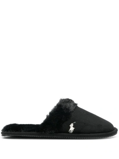 Polo Ralph Lauren Logo-embroidered Faux Fur-trimmed Slippers In Black