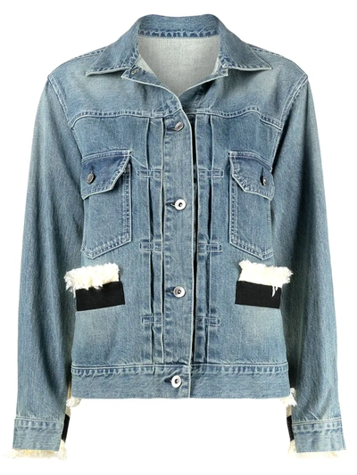 Sacai Fringed Canvas-trimmed Tweed And Denim Jacket In Blue/cream