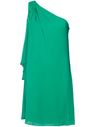 Badgley Mischka One-shoulder Side-ruffle Chiffon Dress In Emerald