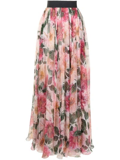 Dolce & Gabbana Long Camellia-print Chiffon Skirt In Multicolor