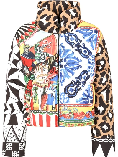 Dolce & Gabbana Padded Nylon Jacket With Patchwork Print In Schwarz