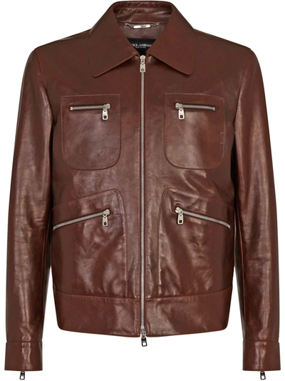 Dolce & Gabbana Multi-pocket Leather Jacket In Bordeaux