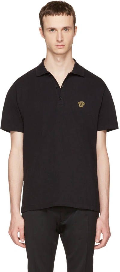 Versace Embroidered Medusa Polo Shirt In Black Gold