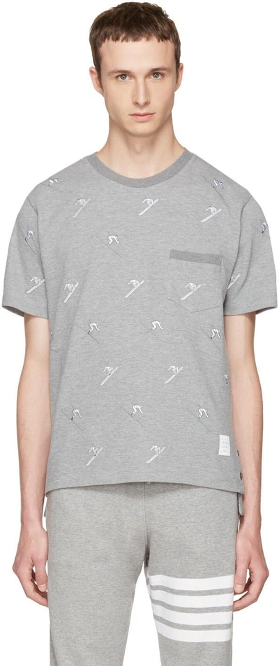 Thom Browne Skier Embroidered Piqué T-shirt In Grey