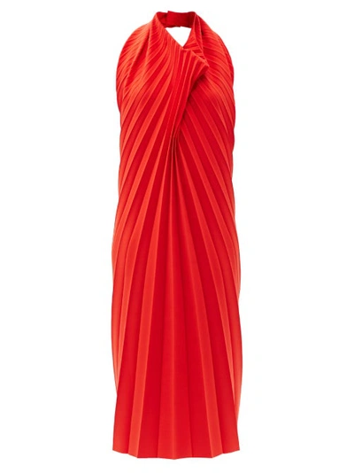 A.w.a.k.e. Pleated Stretch-cady Halterneck Midi Dress In Red