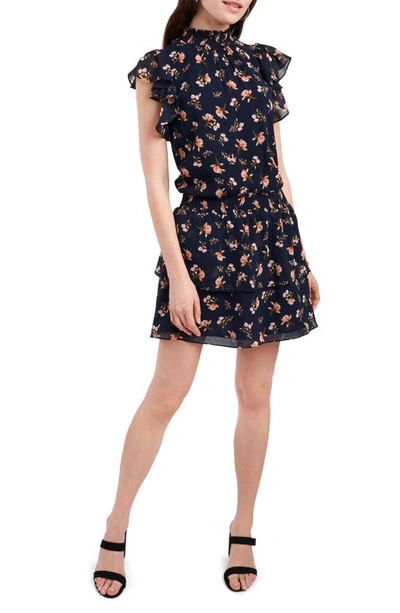 1.state Smocked-neck Calico-printed Mini Dress In Floral Twlight Blue