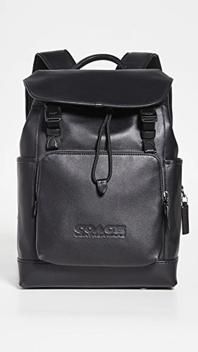 Coach League Leather Flap Backpack In Black Copper/black