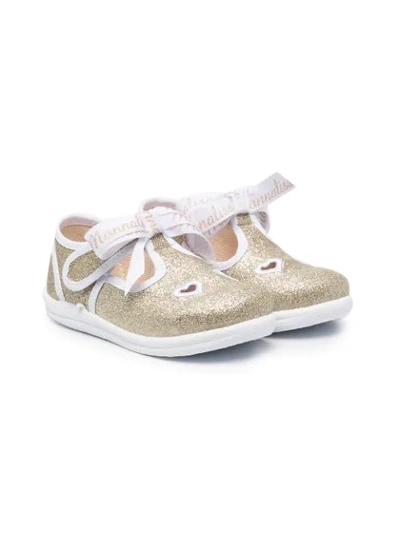 Monnalisa Kids' Hear Embroidery Ballerina Shoes In Gold