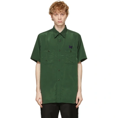 Needles Butterfly Embroidered Short Sleeve Button-up Work Shirt In Green