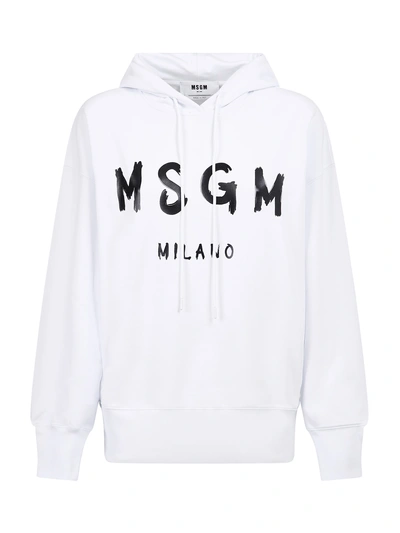 Msgm White Jersey Hoodie With Logo Print