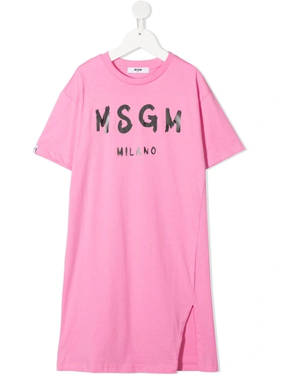 Msgm Kids' Logo-print Short-sleeved T-shirt Dress In Pink