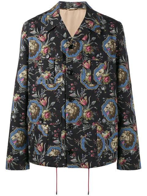 Gucci Lion Print Military Jacket In 1121Black | ModeSens