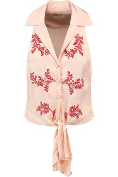 Cinq À Sept Woman Tie-front Embroidered Satin Top Blush