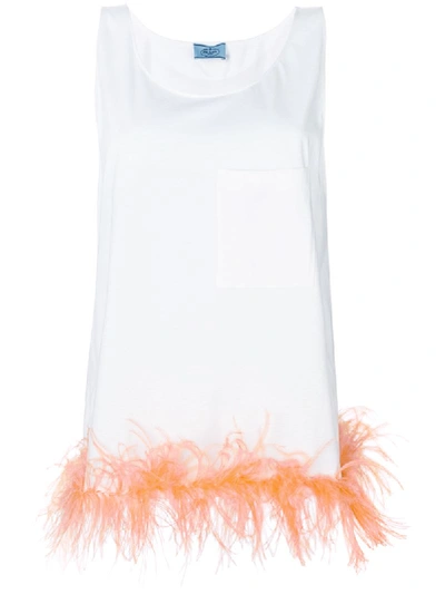 Prada Feather-trimmed Cotton-jersey Top In Bianco+albicoccabianco
