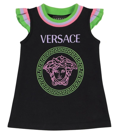 Versace Girl's Ribbed Ruffle Dress W/ Medusa Logo In Black