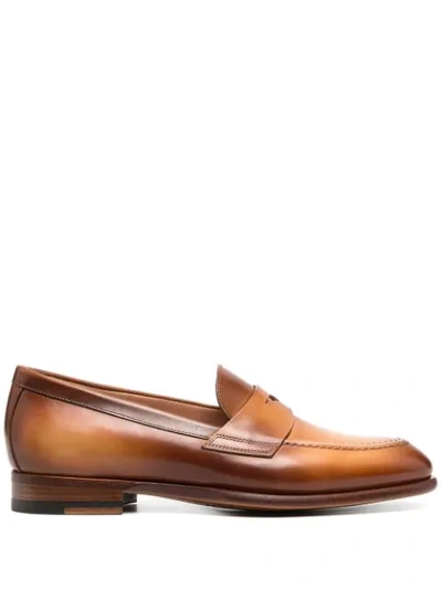 Santoni Almond-toe Leather Loafers In Brown