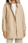 Eileen Fisher Stand Collar Hidden Hood Organic Cotton Blend Coat In Khaki