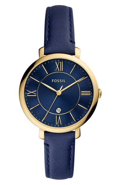Fossil Jacqueline Leather Strap Watch, 36mm In Navy