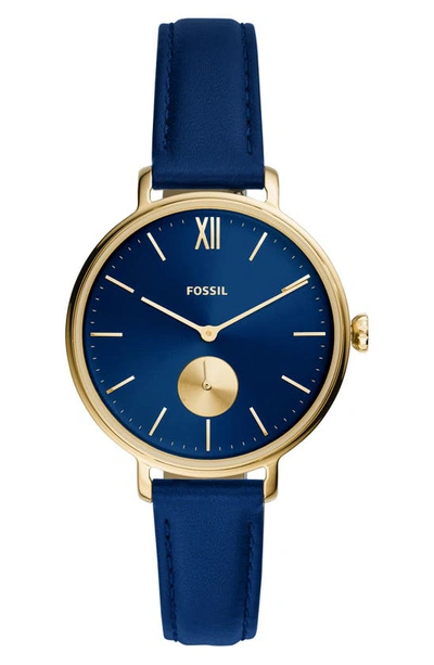 Fossil Kayla Leather Strap Watch, 36mm In Navy