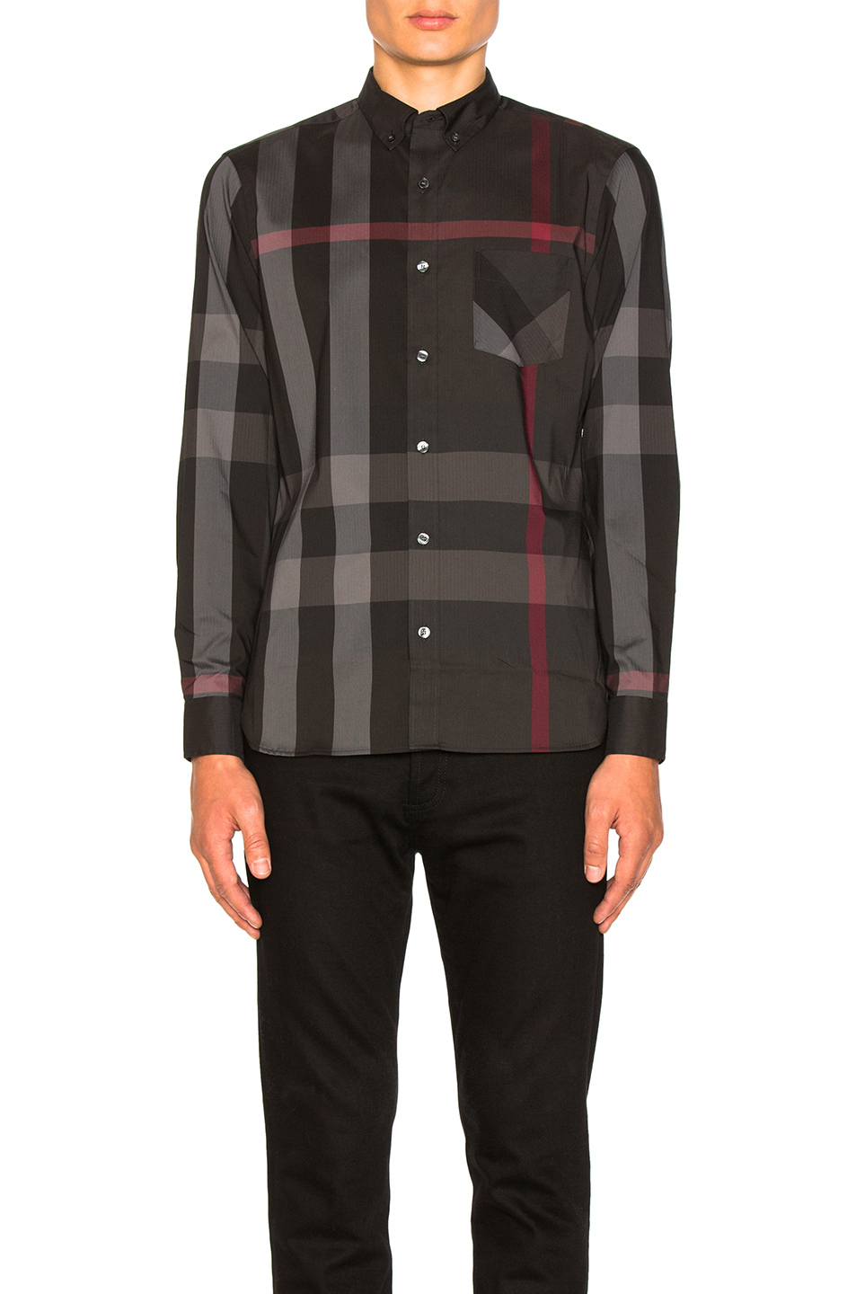 Burberry Herringbone Stretch Giant Check Shirt In Charcoal | ModeSens