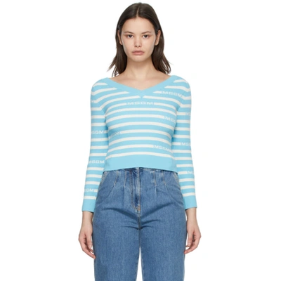 Msgm Blue & White Striped Jacquard Logo V-neck Sweater In Light Blue