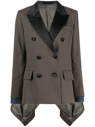 Sacai Contrast Panel Double-breasted Blazer In Green