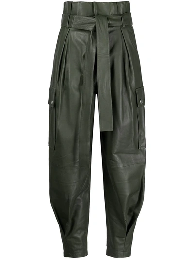 Red Valentino Military Green Leather Trousers With Belt