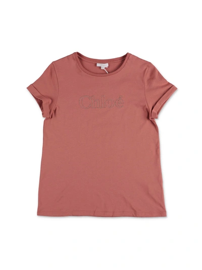 Chloé Kids' Logo刺绣棉质t恤 In Rosa