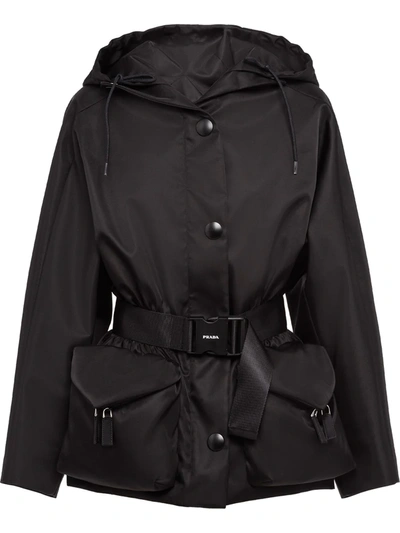 Prada Women's Belted Nylon Gaberdine Hooded Jacket In Black